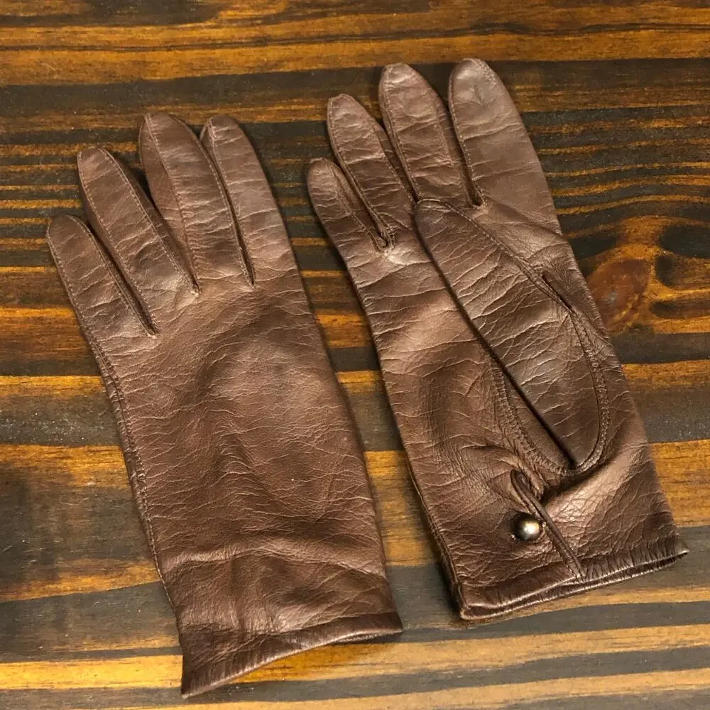 Vintage Van Raalte 100% Silk Brown Short Pair of Gloves Button Closure Formal